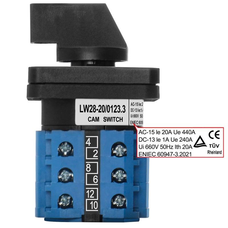 Heschen Universal Rotary Cam Selector Changeover Switch LW28-20/0123.3 660V 20A 4 Position 3 Phase 12 Terminals CE - Image 4